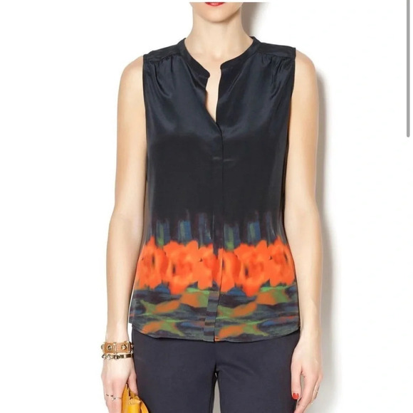 ECRU ~ Classic Cezanne Black and Floral 100% Silk Sleeveless Tank Button Down - Picture 1 of 10